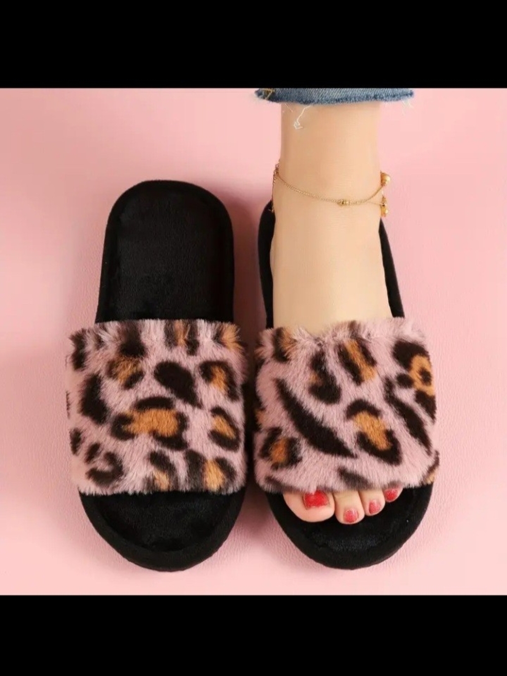 Amazon Pink Leopard Faux Fur Slide Sandals with Black Footbed